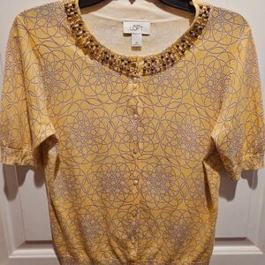 LOFT Yellow Patterned Blouse with Beaded Neckline